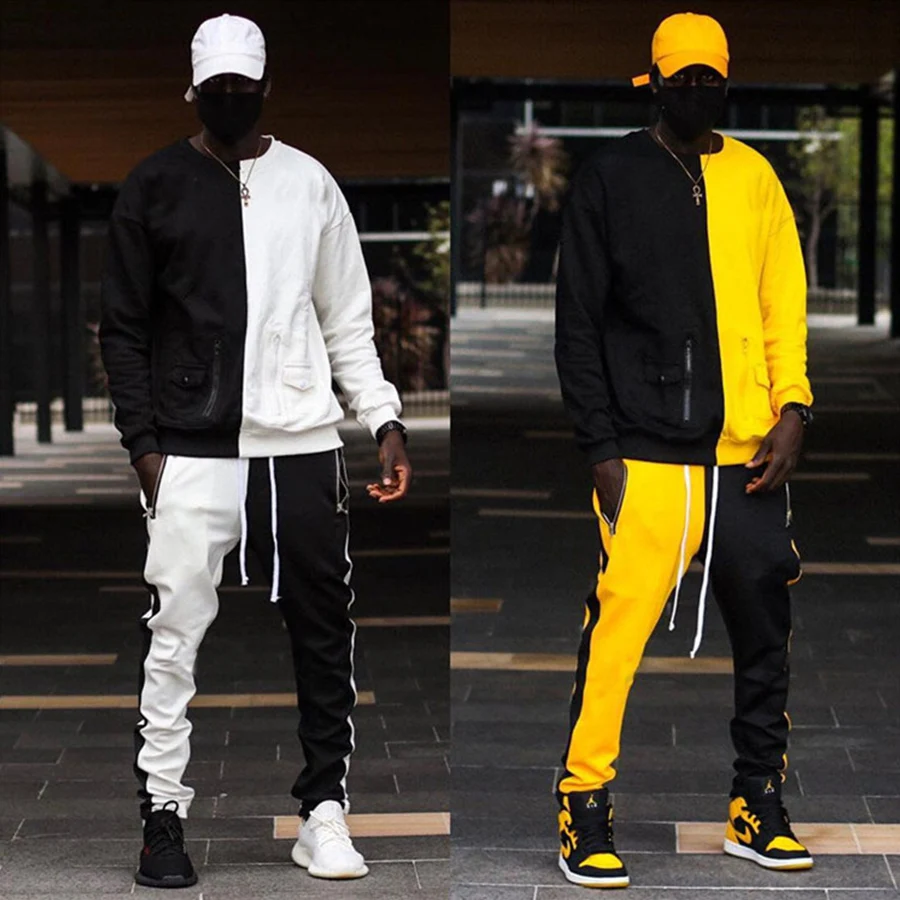 hot sale high quality men fashion streetwear color block crew neck pullover sweatsuit tracksuit tracks sweat suits