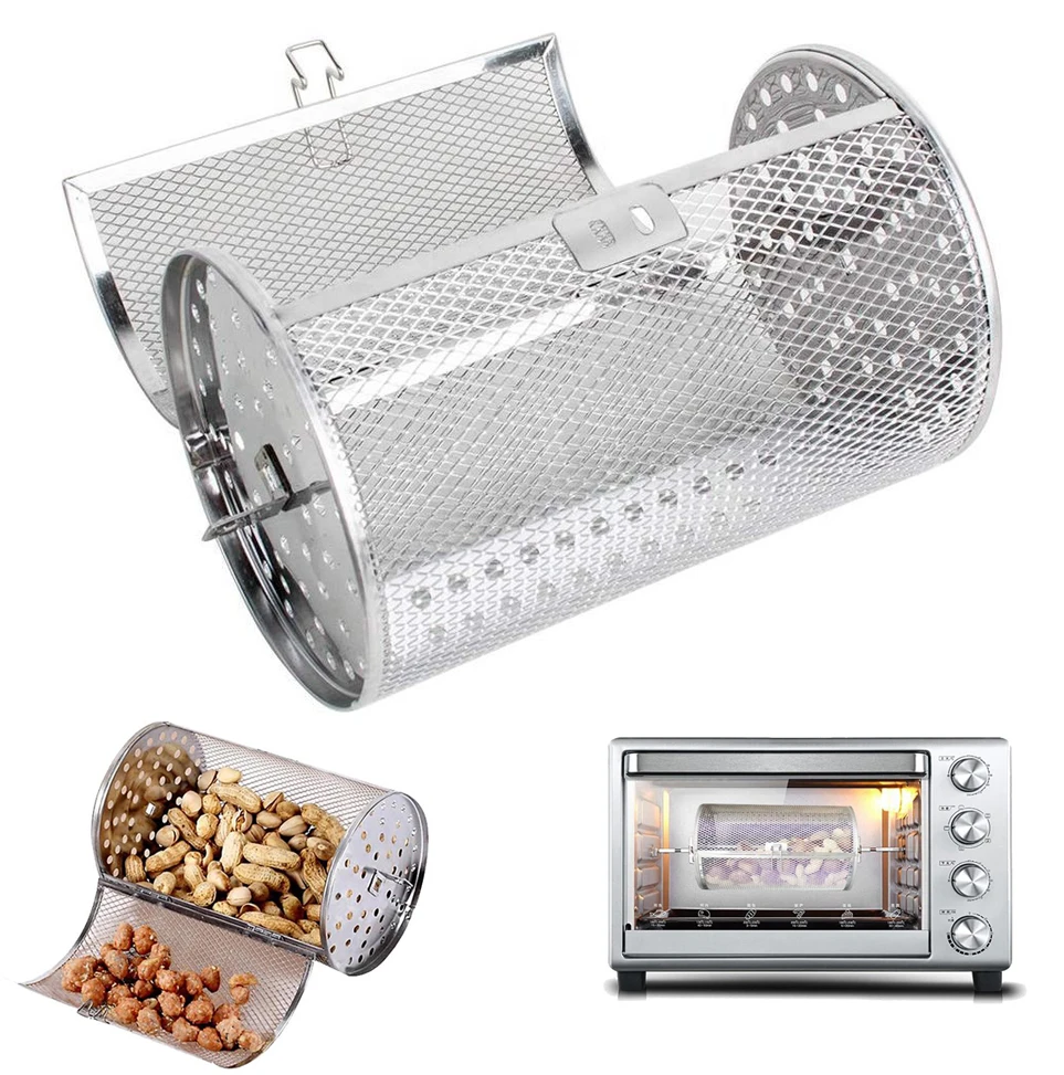 Rolling Grill Basket 14X23cm Stainless Steel Grilling Basket for Baking Nuts Coffee Beans Peanut