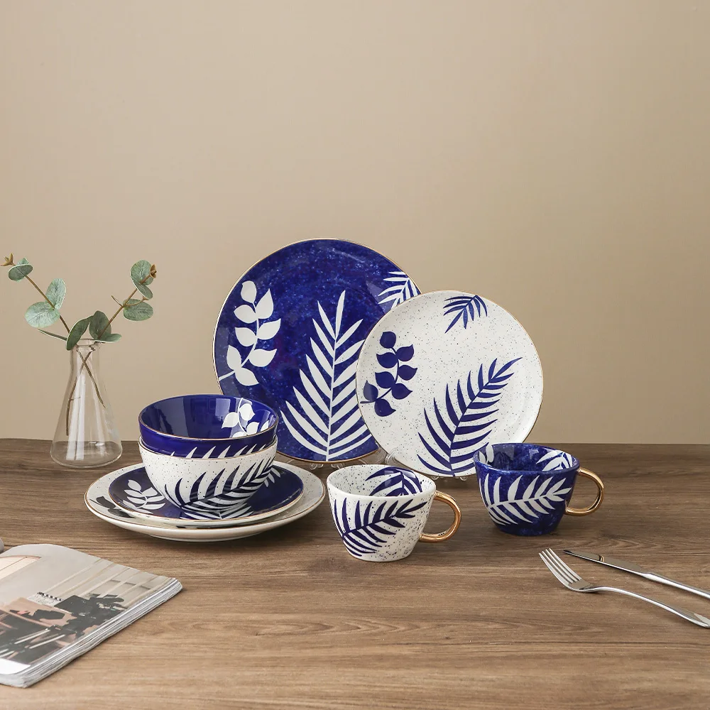 Vintage Leaf Pattern Blue Dining Ceramic Plates and Bowls Dinnerware Dishes Set Porcelain Dinner Set