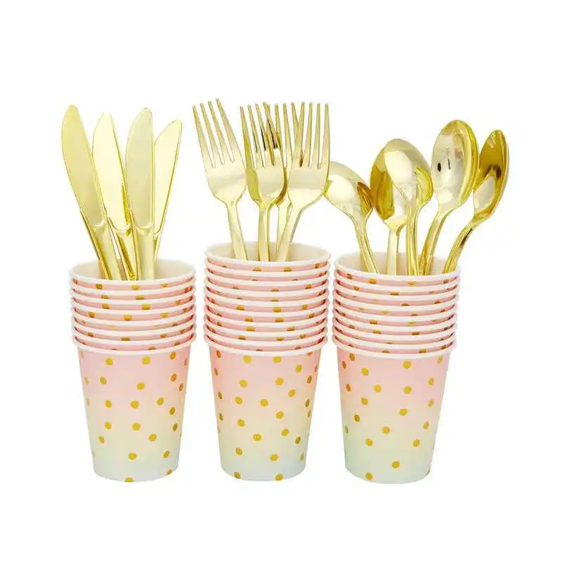 Birthday decorations printing bronzing pink disposable color disposable paper plates and straw for halloween party decoration