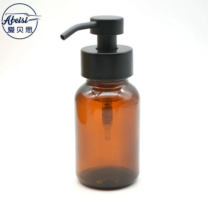 Amber Glass Apothecary Foaming Soap Dispenser Bottle with Matt Black Metal Pump