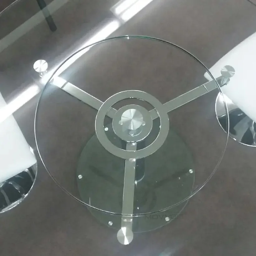 Hot Sale Tempered Glass 12MM Moving  Expanding Round Dining Table With Steel Chromed Frame Base