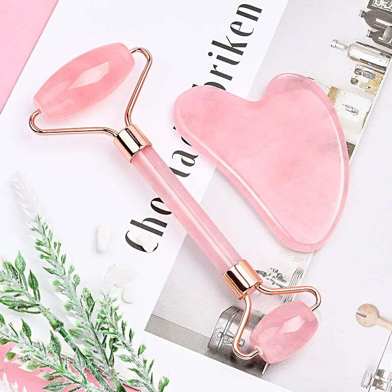 Custom Logo Pink Crystal Facial Massage Tool Jade Gua Sha Set Rose Quartz Face Roller Guasha Stone Skin Care Beauty Products