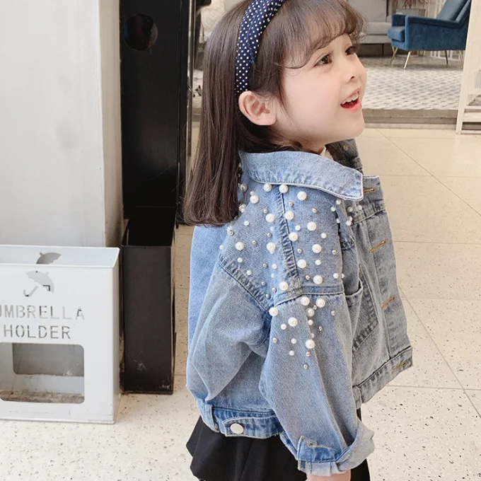 
SE6652 Fashion meets fun wholesale lovely kids girl pearl denim jacket 