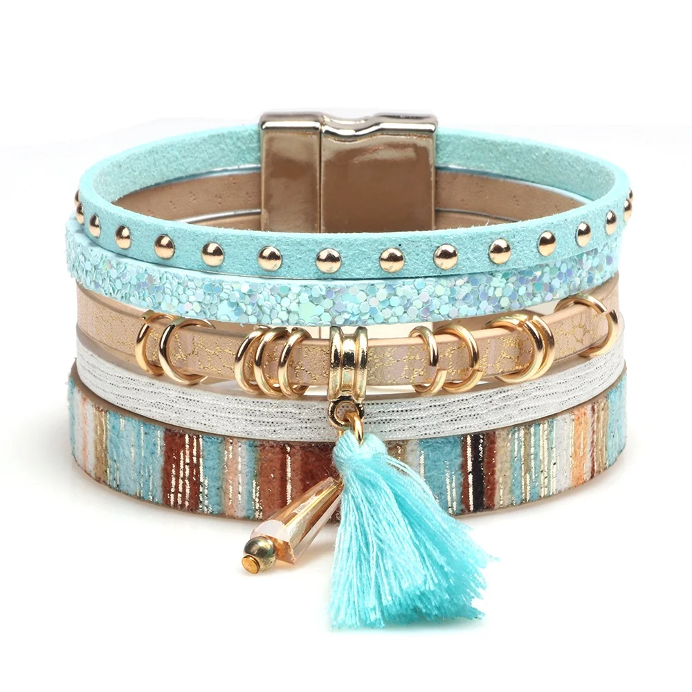 Bohemian style Mul magnetic snap PU leather rope handwoven bracelet with tassel pendant
