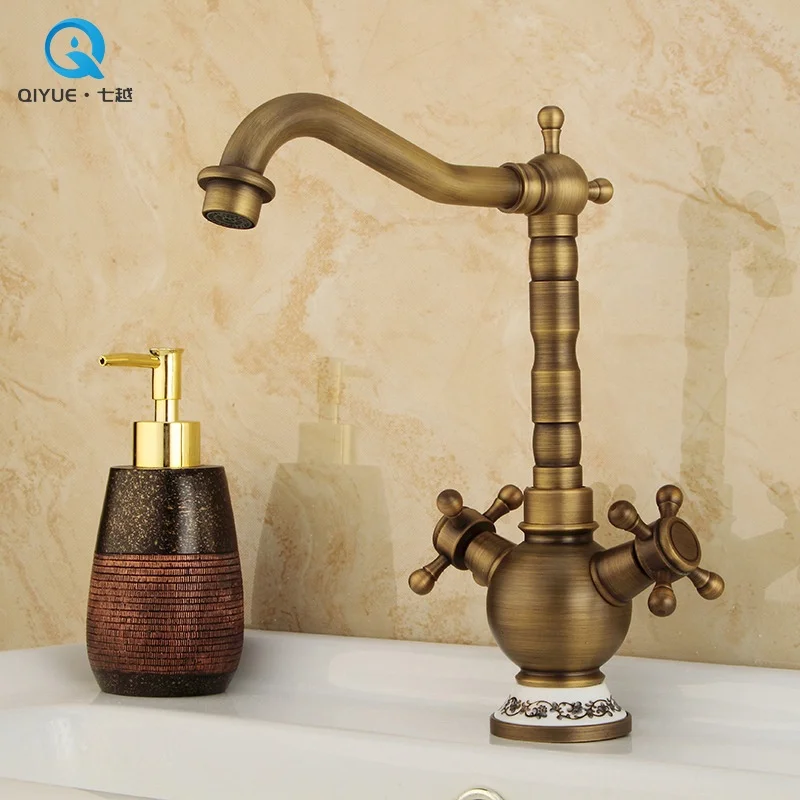Good prices double lever deck mounted antique brass bathroom basin mixer faucet tap