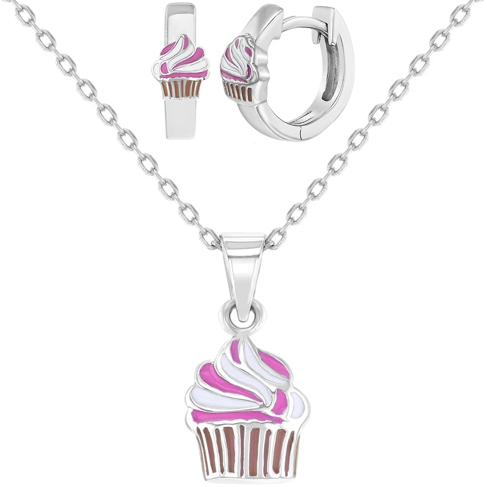 Kids Cake Earrings and Pendant Necklace Set in 925 Sterling Silver