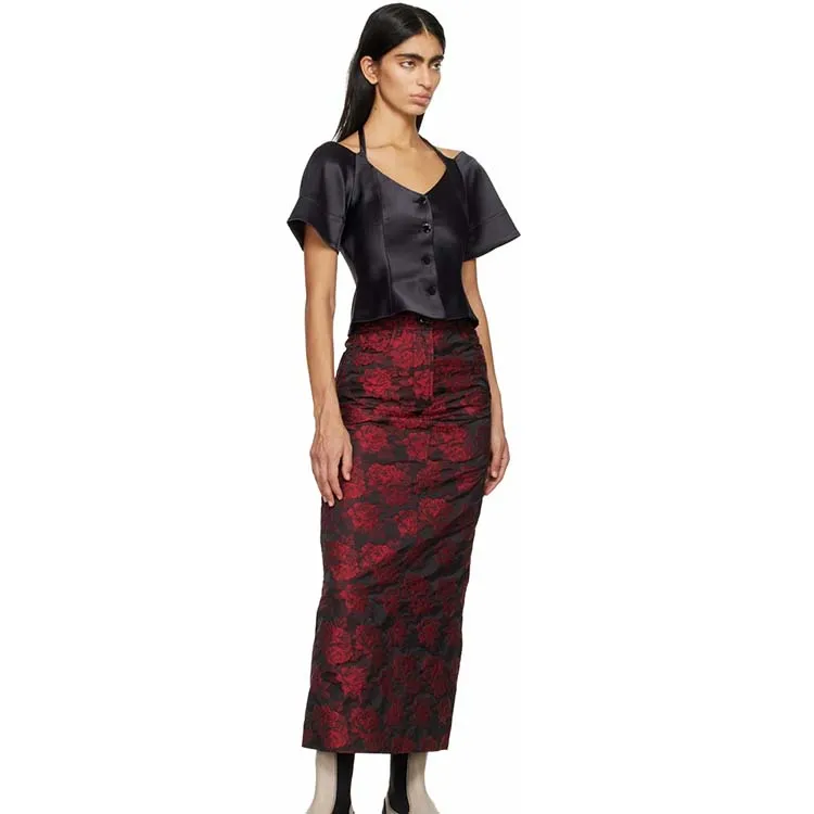 HIgh quality custom four-pocket styling red  zip-fly maxi skirt for woman