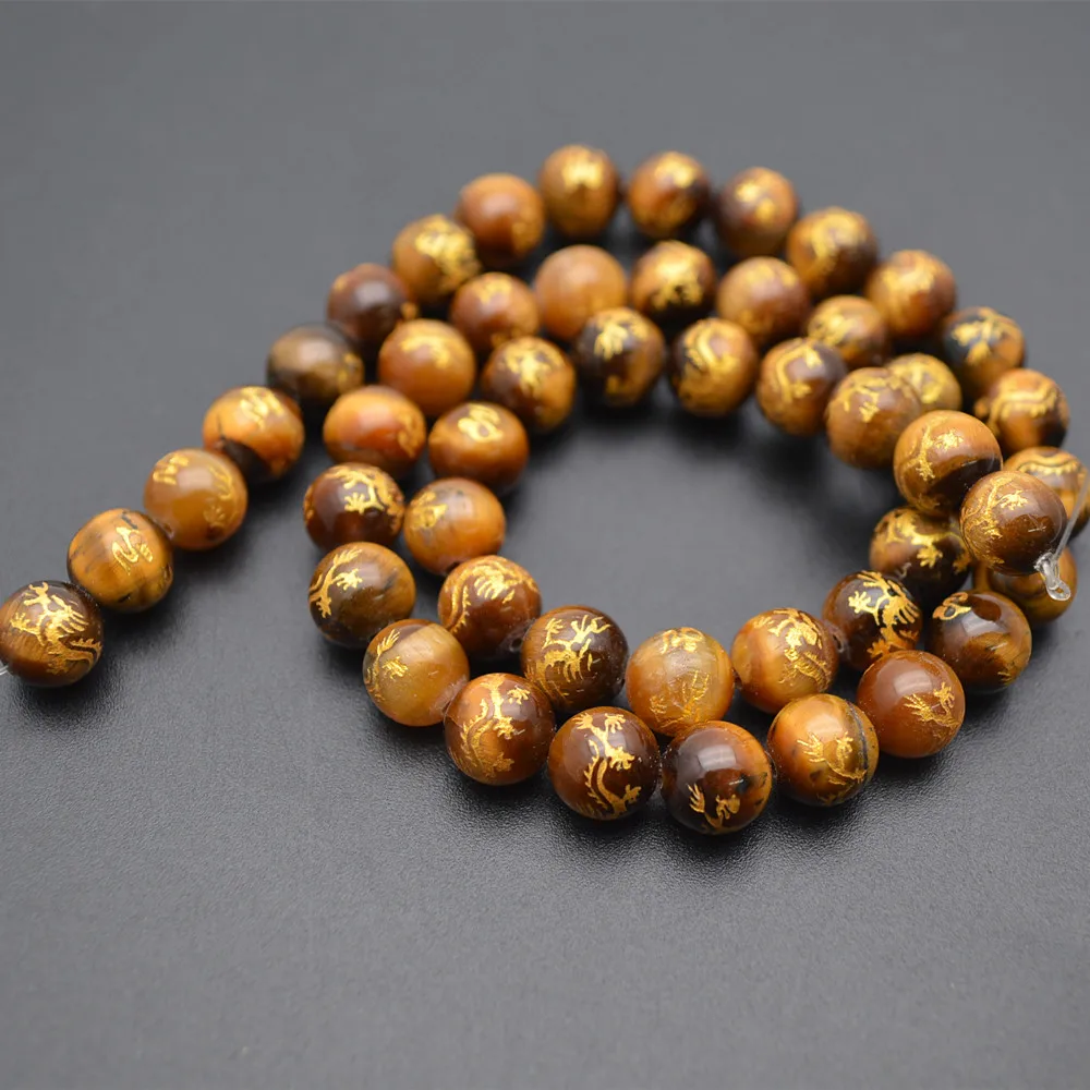 Carved Chinese Dragon Natural Yellow Tiger Eye Stone Round Loose Beads Buddhist Jewelry making supplies