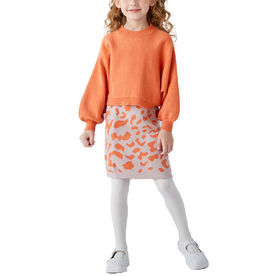 
Hot sale autumn kids solid color acrylic knitted skirt two piece set 