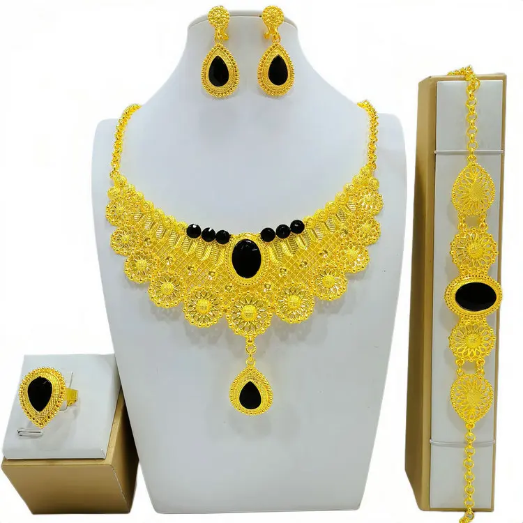 New Bridal Jewelry sets Dubai 24K gold plated African wedding wife gifts necklace bracelet earrings ring jewellery set women
