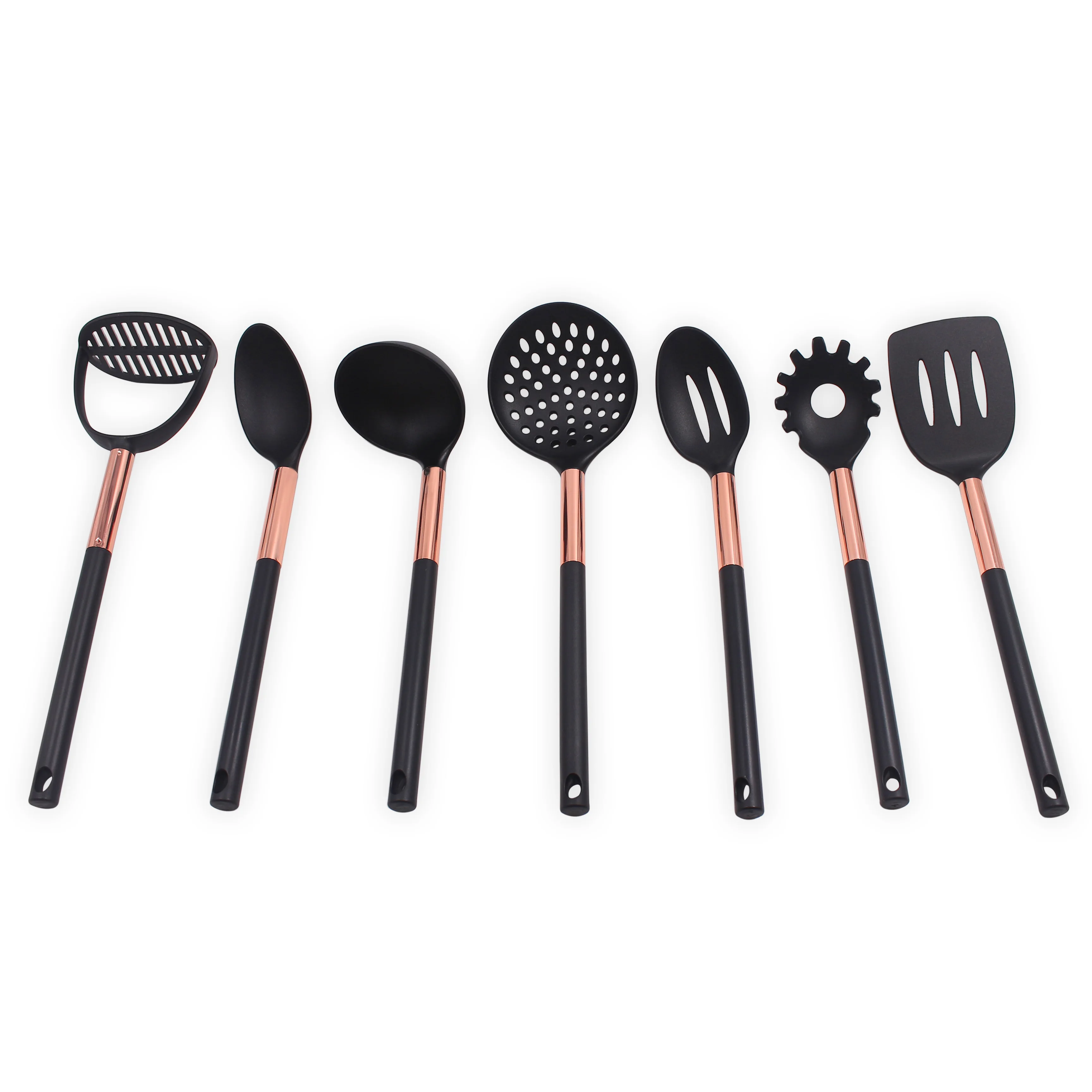 Антикварная антипригарная нейлоновая кухонная утварь набор из 7 черная деревянная ручка нержавеющей стали цвета розового