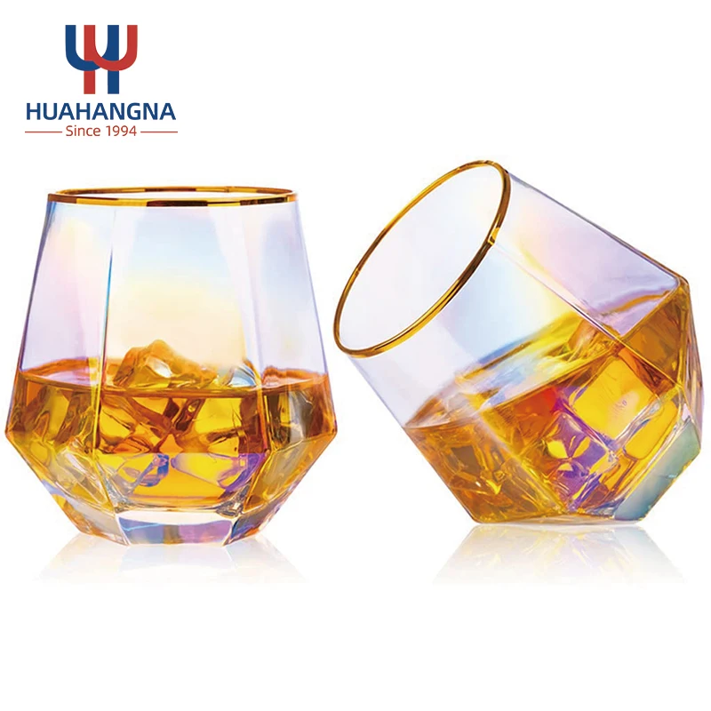 10oz 300ml Colored Diamond Stemless Wine Glasses Iridescent Gold Rim Whiskey Drinking Glassware for Cocktail Whisky Bourbon