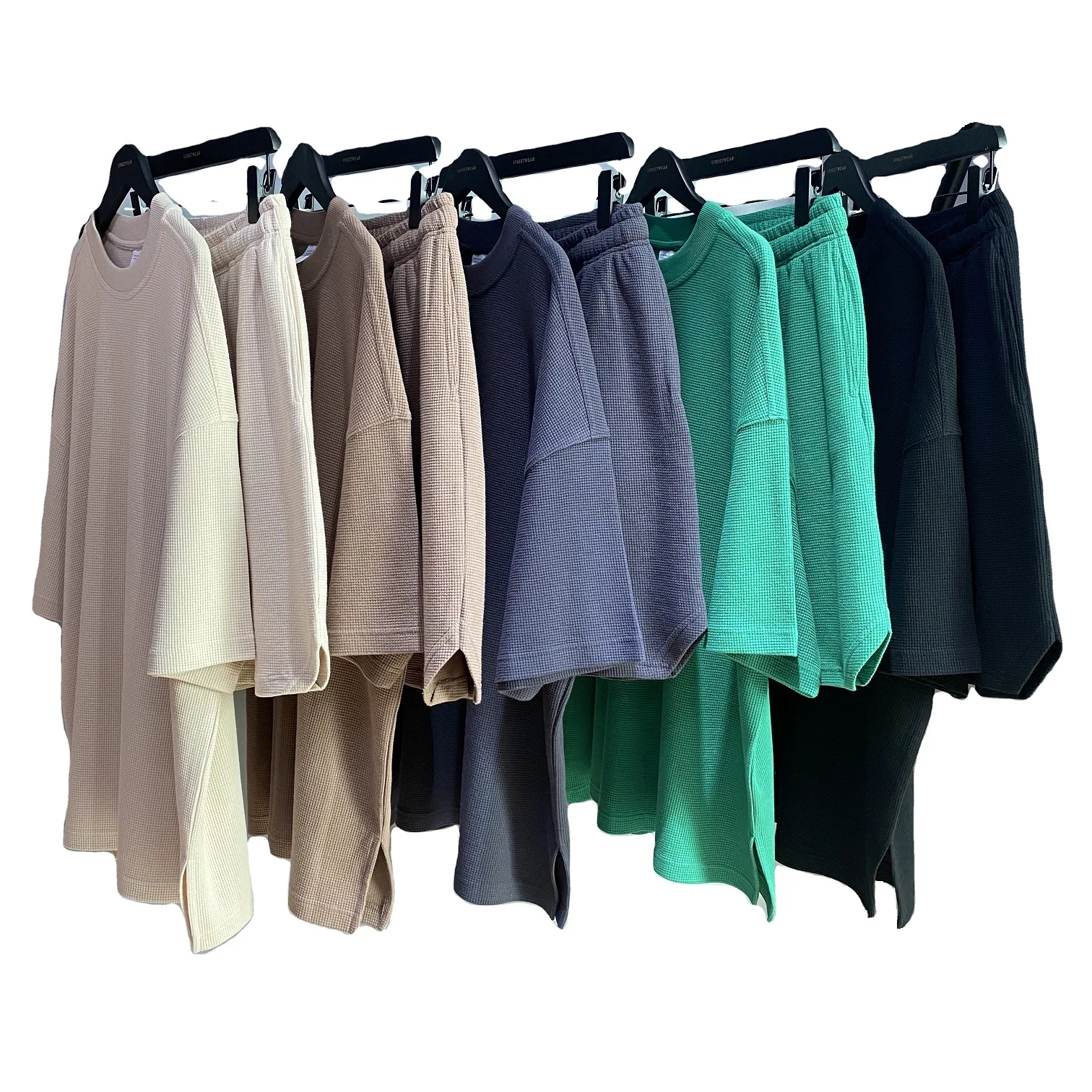 2022 Fashion heavy knitting waffle 260gsm plain tee shirts and half pants breathable thermal sweat shorts set men