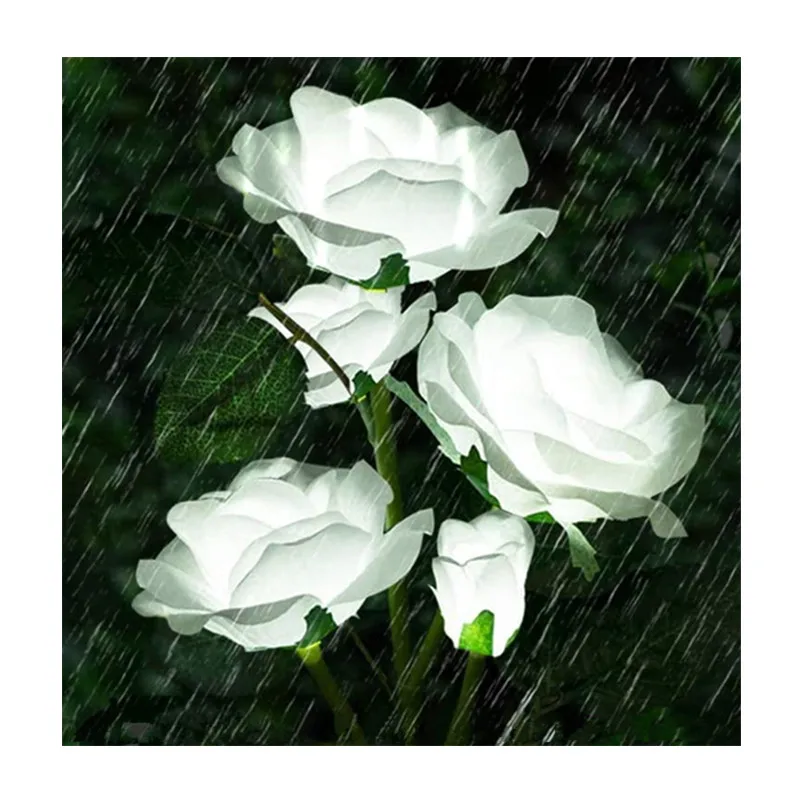 White Solar Powered Garden Flowers LED Realistic Rose Flowers Stake Lawn Lights Waterproof Outdoor for Patio Pathway Courtyard