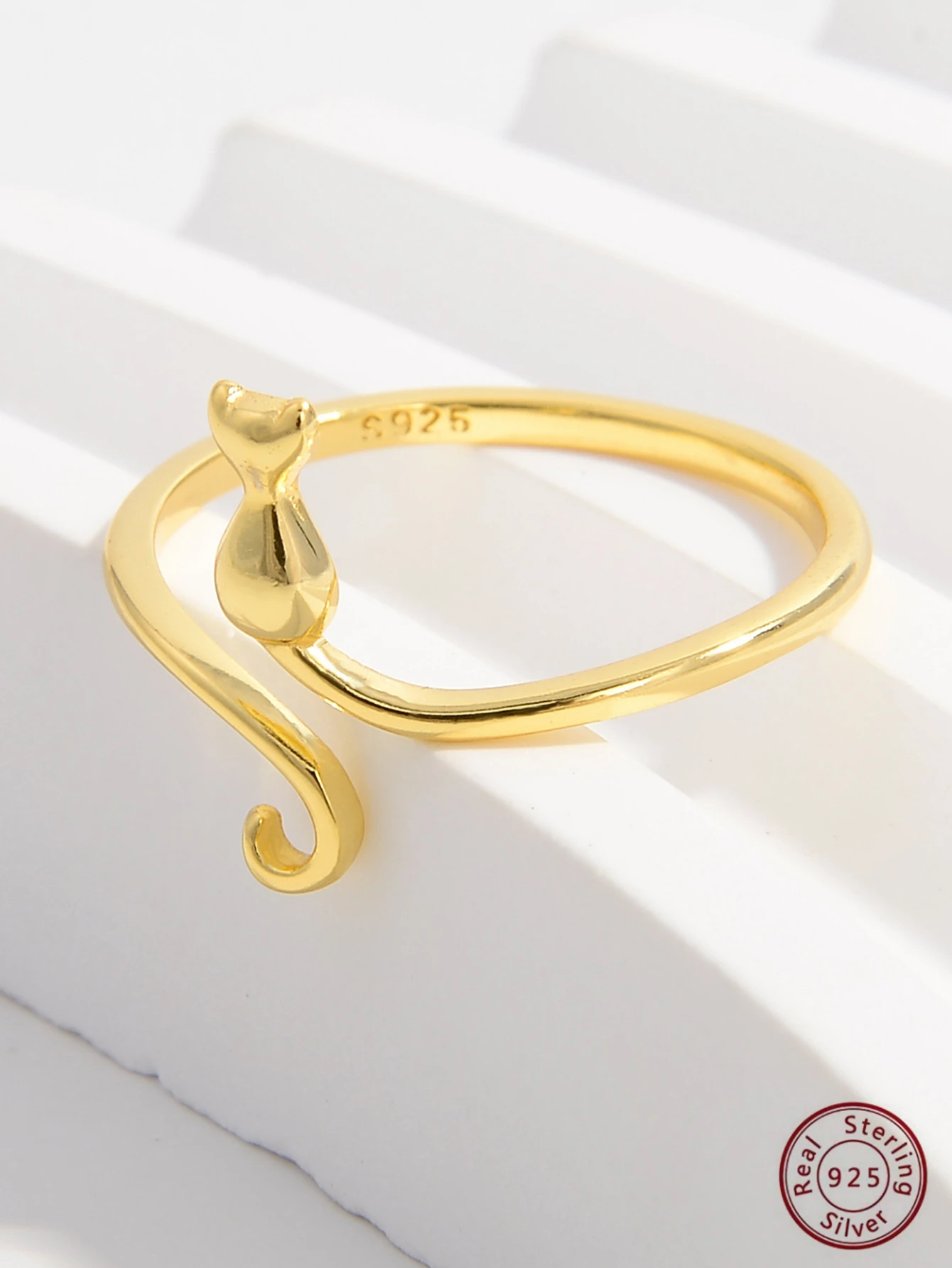 Fine Jewelry 925 Sterling Silver Cat Adjustable Ring Jewelry Women Gold Plated Animal Rings For Woman