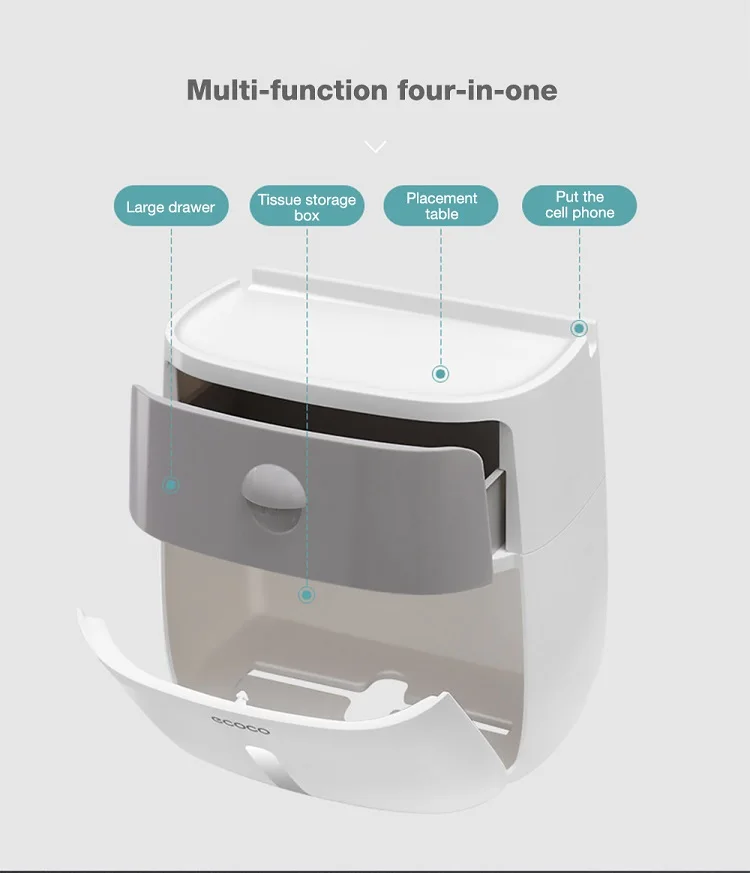 Home Wall Mounted Plastic Tissue Dispenser Kitchen Bathroom Toilet Roll Paper Towel Holder with Tissue Box Shelf and Cover