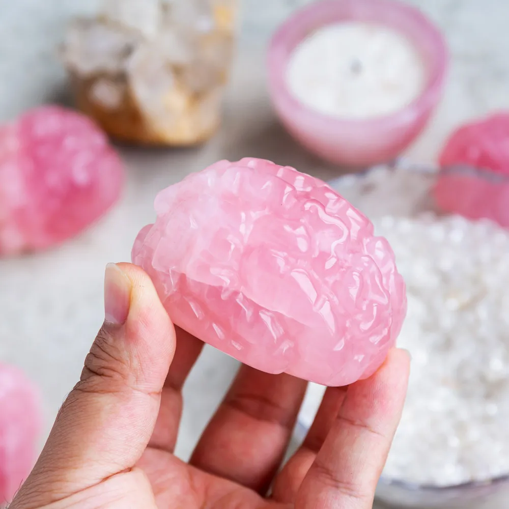Natural crystal hand carved rose quartz brain for home decorations