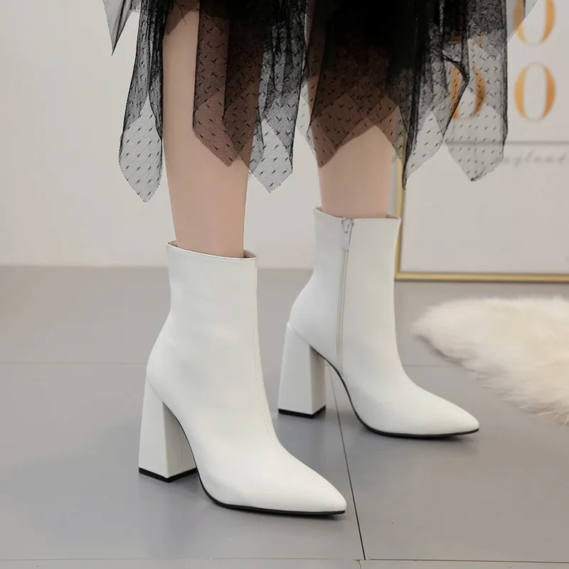 
or60518b Solid white color boots for lady Europe and America style simple women boots high heel women shoes 