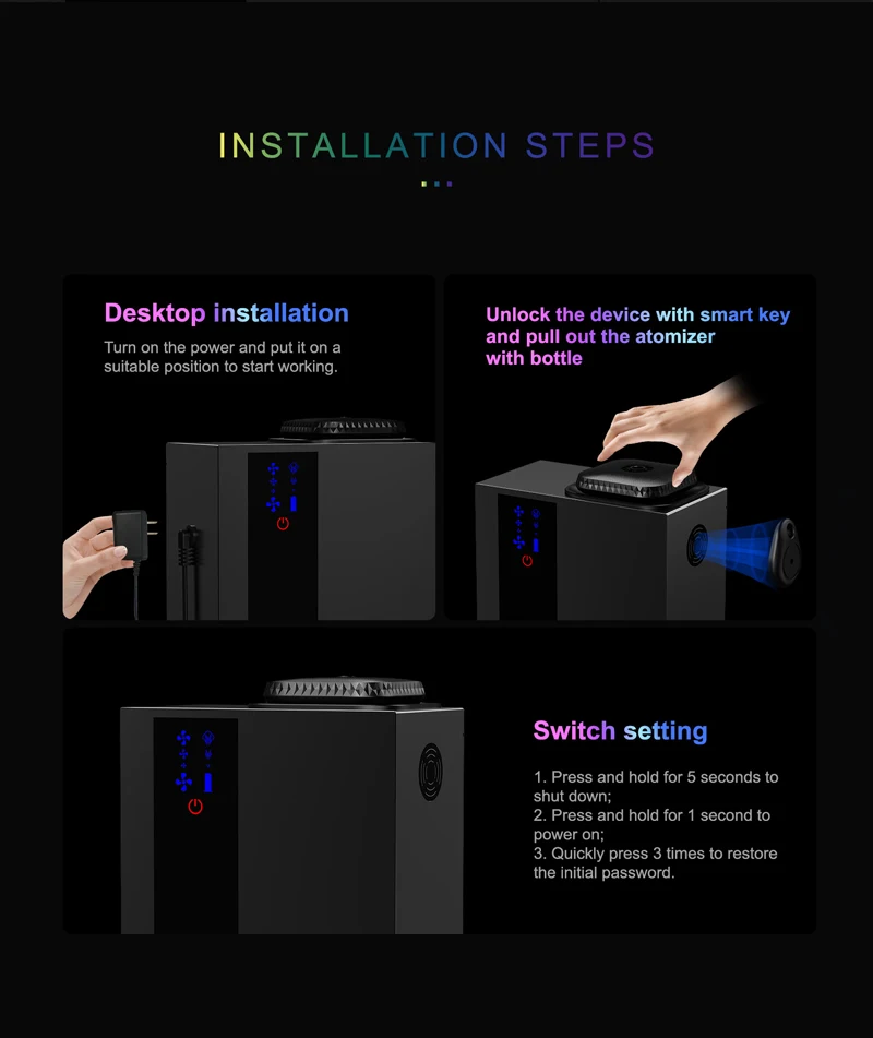 Hot Selling A300 Waterless Scent Diffuser Machine Smart Lock Electric Essential Oil Diffuser Aroma Diffuser Black Metal 12V 8W