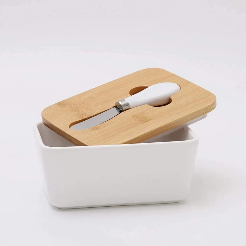 Ceramic Butter Dish, Butter container with Wooden Lid and Knife, White Blue Rectangle Airtight Butter Keeper
