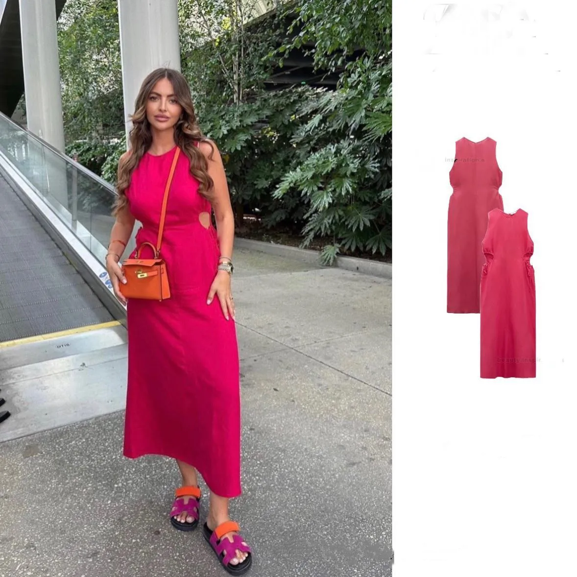 Latest Design Sleeveless Solid Long Maxi Beach Dress Lady Tank Top Side Hollow Out Fuchsia Slim Dresses