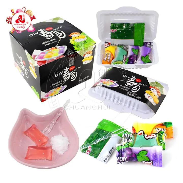 Four fruity jelly cubes with Acid powder in a Sushi box