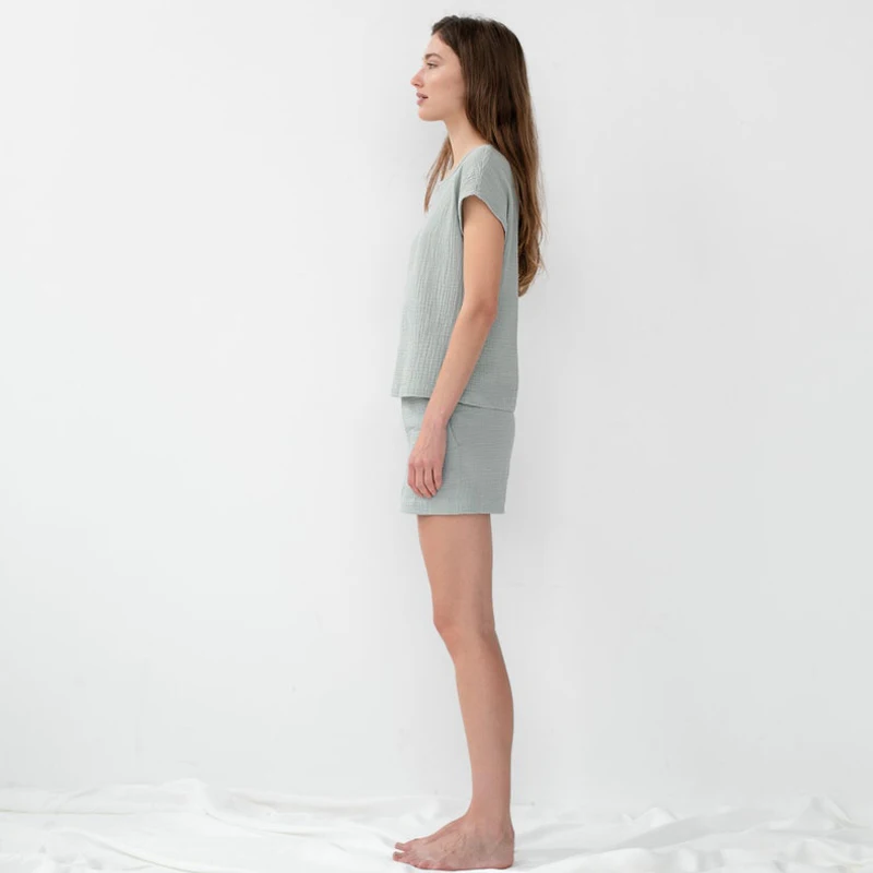 Short Sleeve Summer Mint Muslin Pajamas, Cotton Pajama Set Women