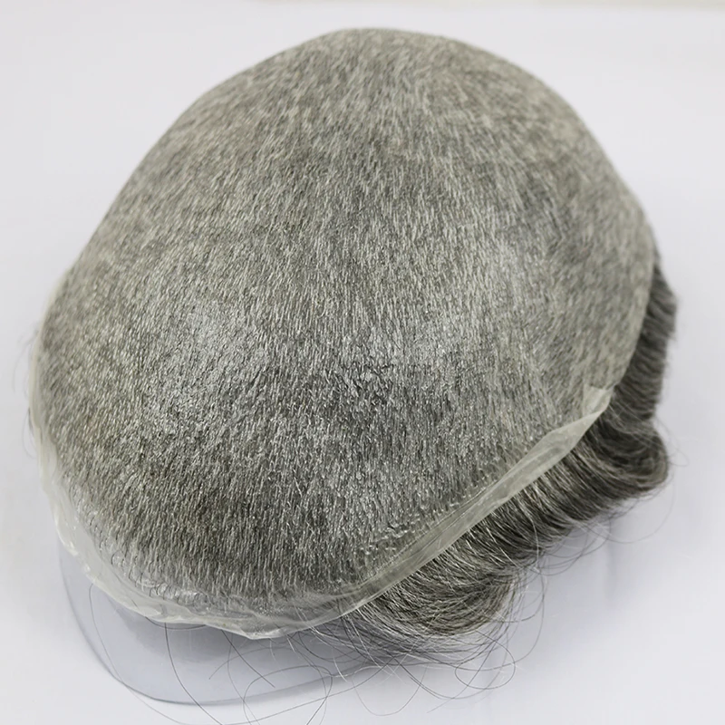 Invisible Pu Poly Base 0.02mm Super Thin Skin  V Loop Men Human Hair Pieces Toupee with Gray Hair