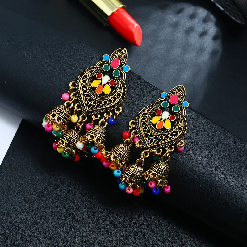 MINHIN Indian Oxidized Silver Beads Chandelier Silver Polki Jhumki Jhumka Earrings