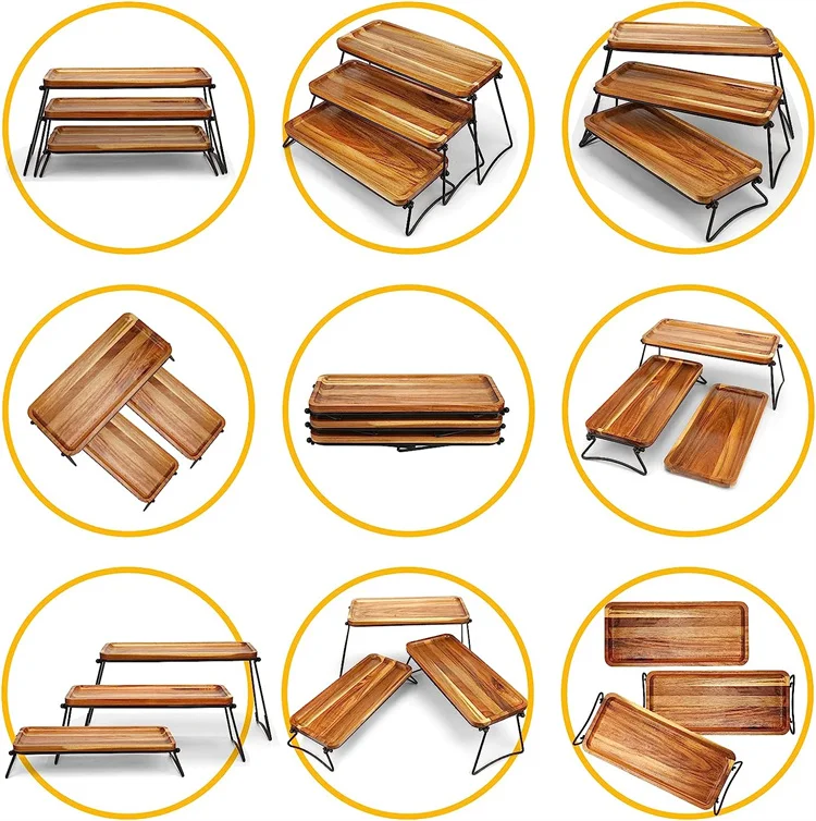 acacia wood foldable 3 tier serving tray for party