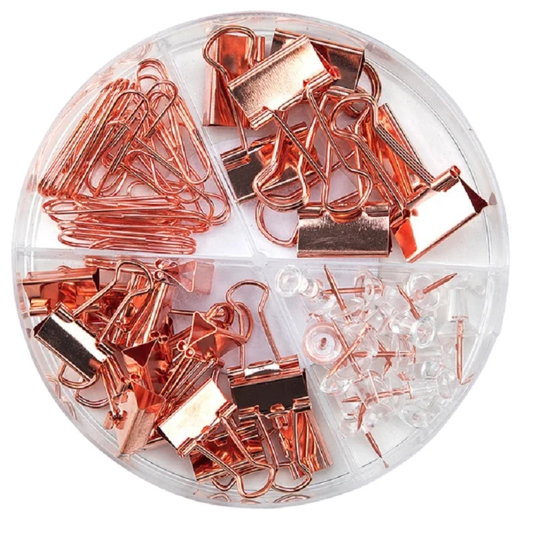 High quality paper clip metal binder clip tie clips bars tie pins thumbtacks push pins rose golden stationery set