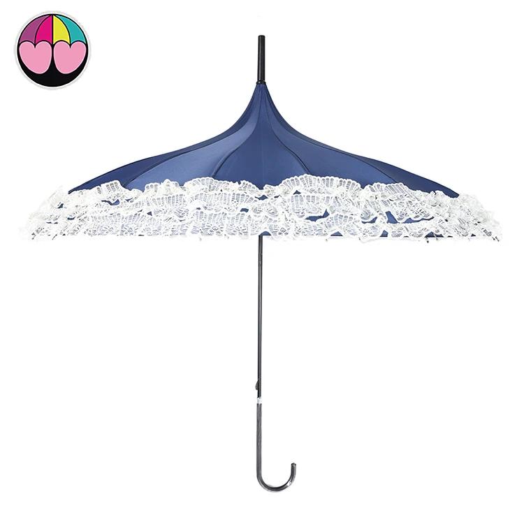 New idea design pagoda shape lace 21inches 16 ribs manual open ladies straight umbrella for wedding leather handle