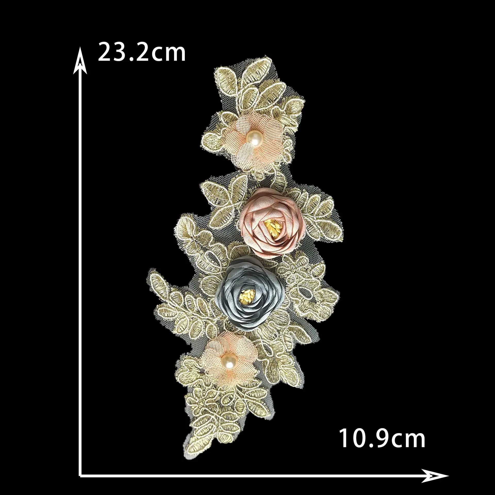 3D Gold Flower ABS Pearl Beaded Embroidery Patch Mesh Fabric Sew Wedding Dress Applique