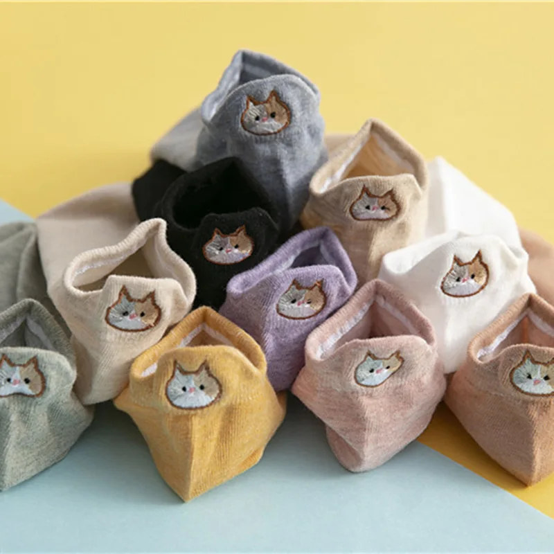 5 Pairs Women Socks Cotton Cute Cartoon Animal Cat Fox Dog Red Heart Female Boat Ankle Socks Short Ear Socks Slippers Summer