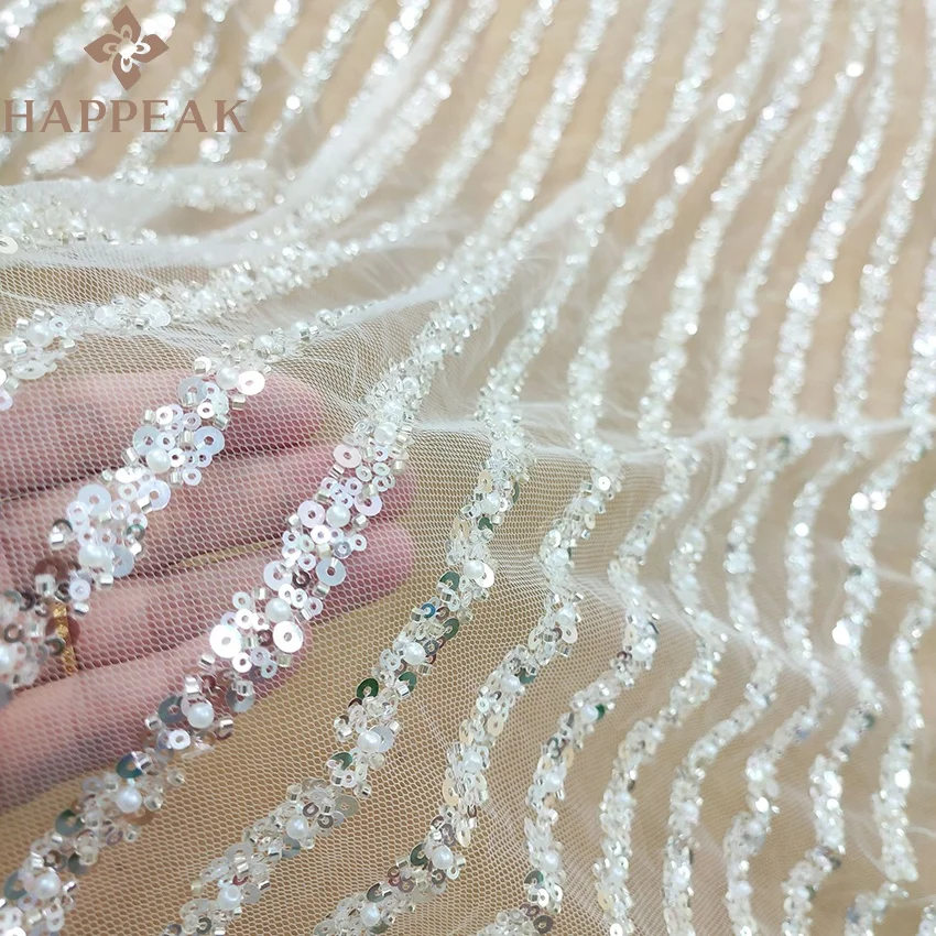 Высококачественная блестящая полосатая сетчатая ткань HAPPEAK с блестками и бусинами для свадебного платья