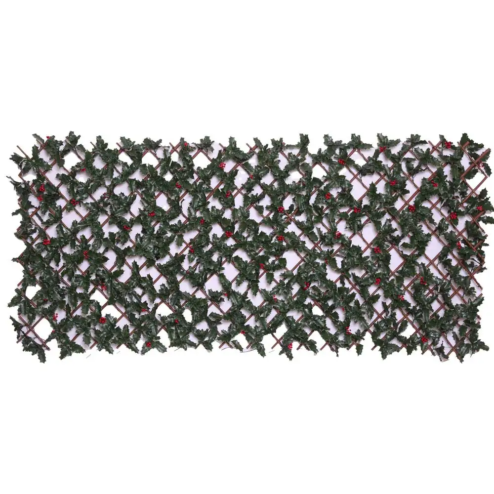 Customizable Expandable Holly Red Berry Accents Artificial Green Leaf Hedge Privacy Breathable Beauty Green Leaf Fence