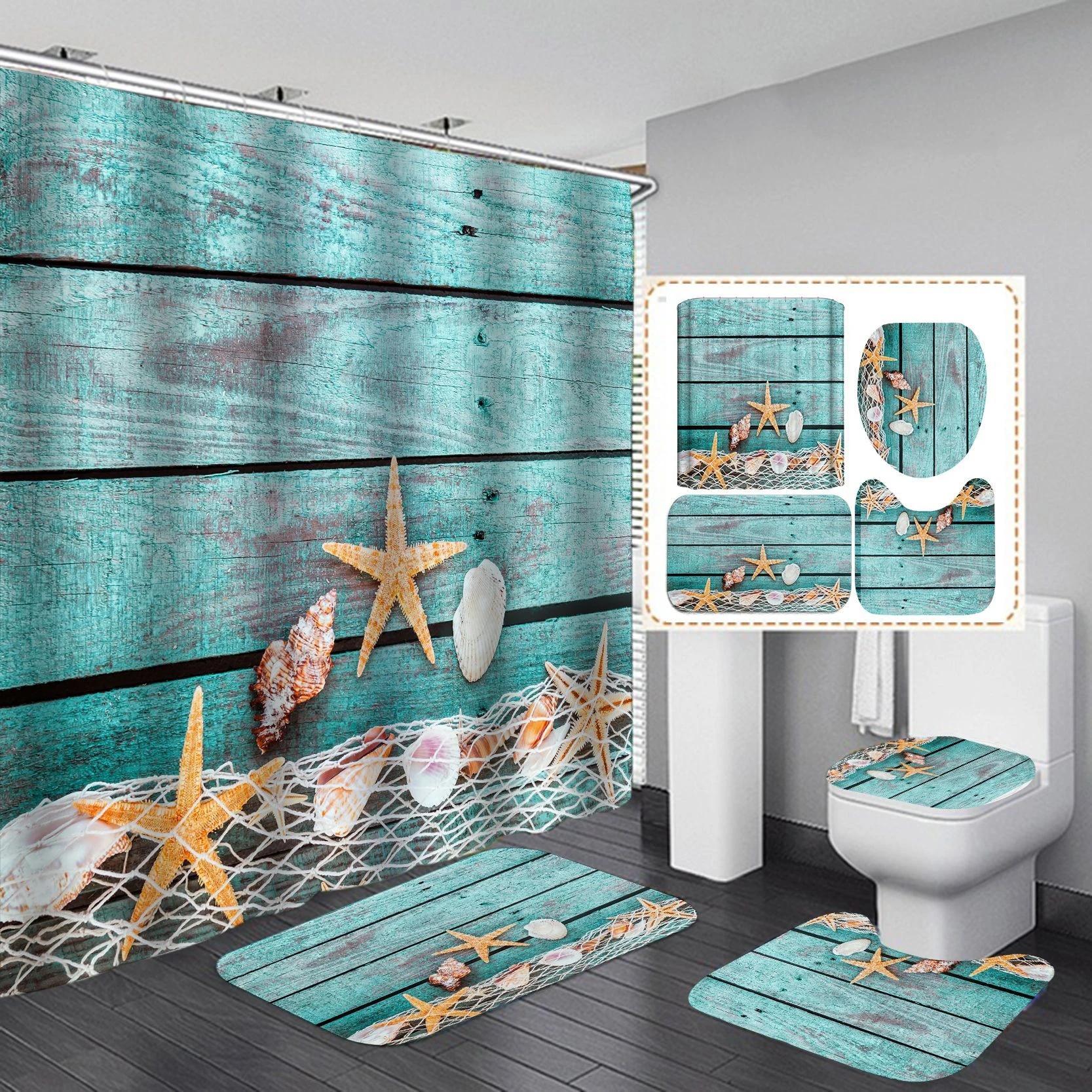 
Fashion Design Your Own 4pcs Bathroom Rug Set Waterproof Shower Curtains 