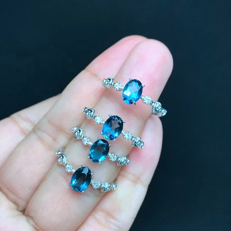 Custom 925 sterling silver fashion jewelry natural gemstone london blue topaz stone ring adjustable for women