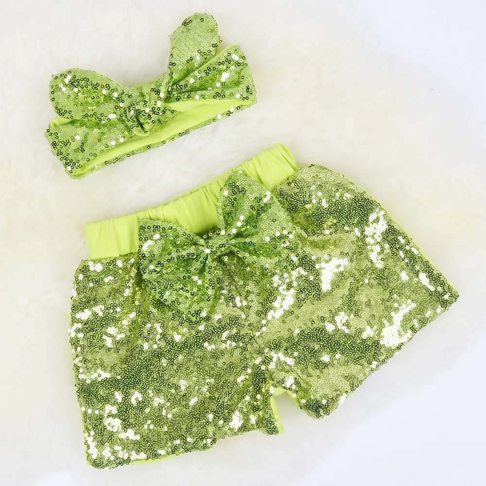 Rainbow Baby Girls Sequin Shorts Summer Toddlers Birthday Short Pants Glitter On Both Side With a Rabbit Headband Casual Outfits