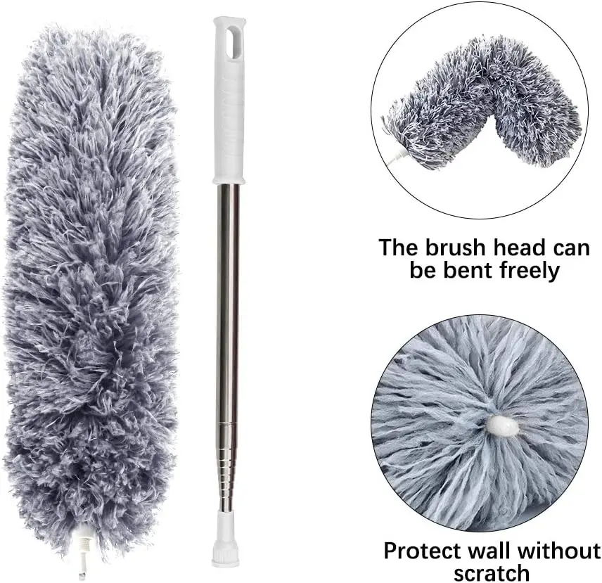 Retractable Microfiber Gap Dust Cleaner Extension Pole 31.5' to 100' Reusable Bendable Long Handle Feather