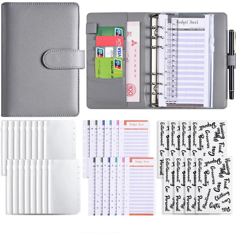 A6 PU Budget Binder Money Saving Binder with Zipper Envelopes Cash Expense Budget Sheets for Budgeting Paper Gift Leather OEM