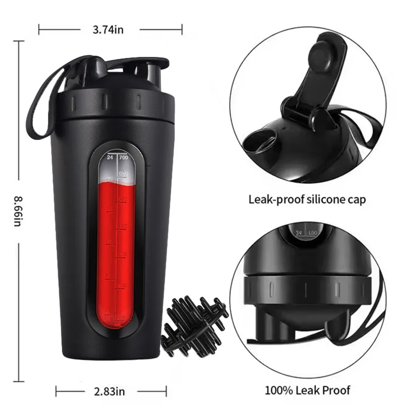 Custom Logo 700ML Shaker Bottle Visual Level Window 304 Stainless Steel Direct Drinking Protein Powder Mixing Adults Gym