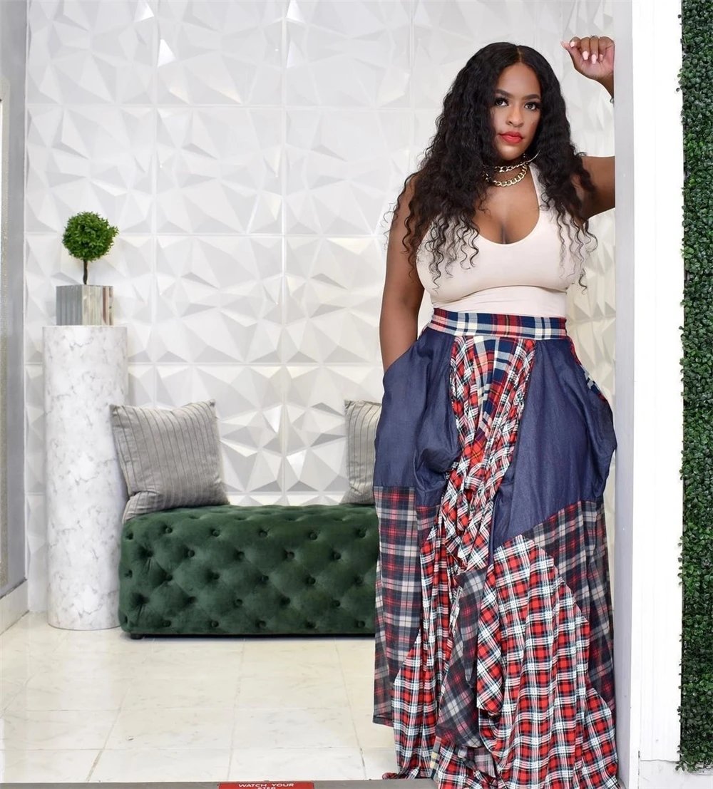 ANSZKTN Fashion Women Irregular  Long Skirt High waist Casual Loose Printed Plaid Plus Size Skirt Maxi Skirts