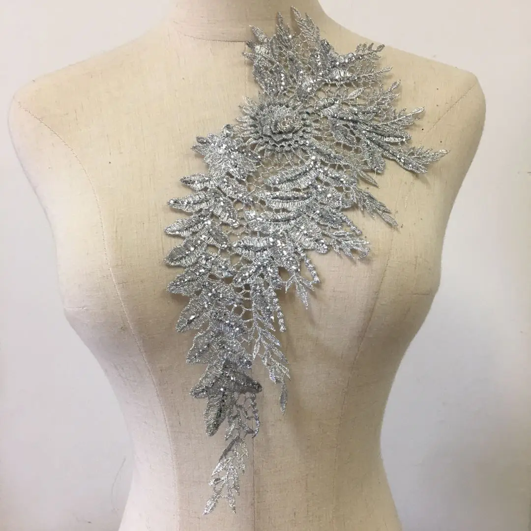 3D Floral Applique Metallic With Glitter Embroidery Lace Patch Sew on Lace Motif