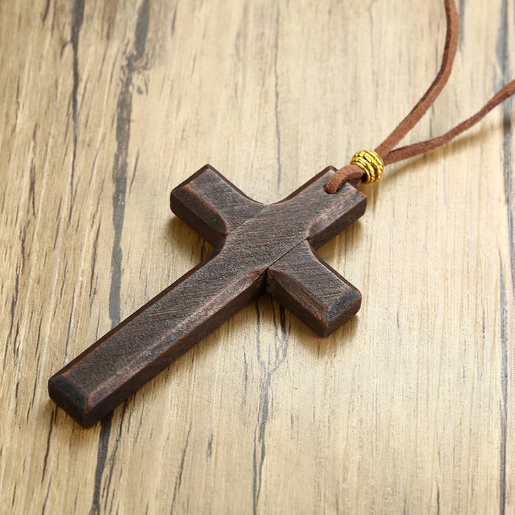 Handmade Vintage Leather Cord Wooden Cross Necklace For Men And Women