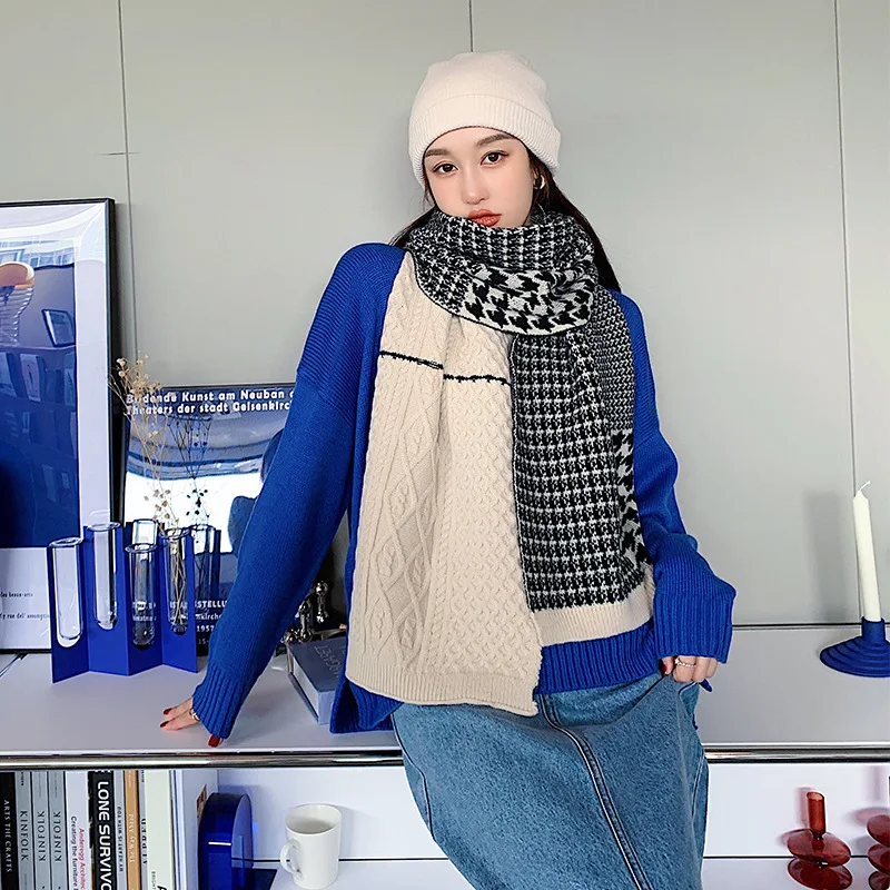Korean Autumn and Winter Houndstooth Knitted Wool Keep Warm Scarf Female Winter Korean Style Thickened Long Section Scarf