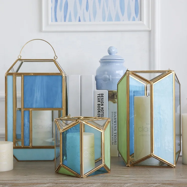 Bixuan Candle Lanterns Sea Blue Stained Church Glass Brass Frame Hanging Tea Light Holder Polyhedral Candle Lamp
