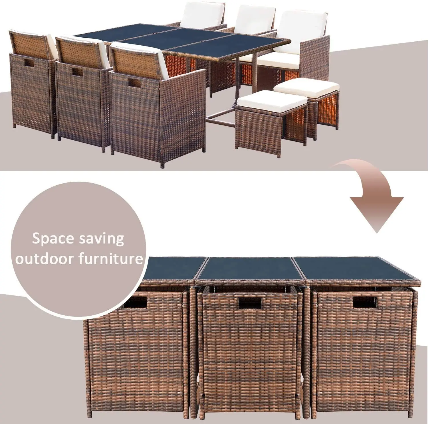 11 pieces Garden Sets Outdoor Furniture Dining Set Rattan Furniture Cushioned Tempered Glass W/Ottoman Brown(PE Rattan)