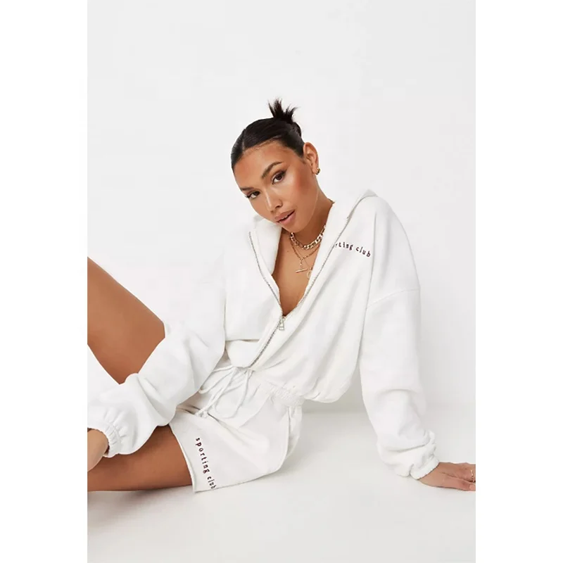 2021 custom logo comfy cotton zipper hoodie and biker shorts women two piece sets